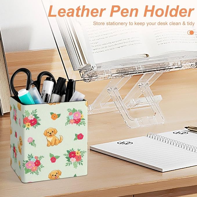 PU Leather Pencils Holder Organizer Case Golden Retriever Floral Dogs Desktop Pencil Cup Holder Stationery Container Box Office Makeup Brush Organization