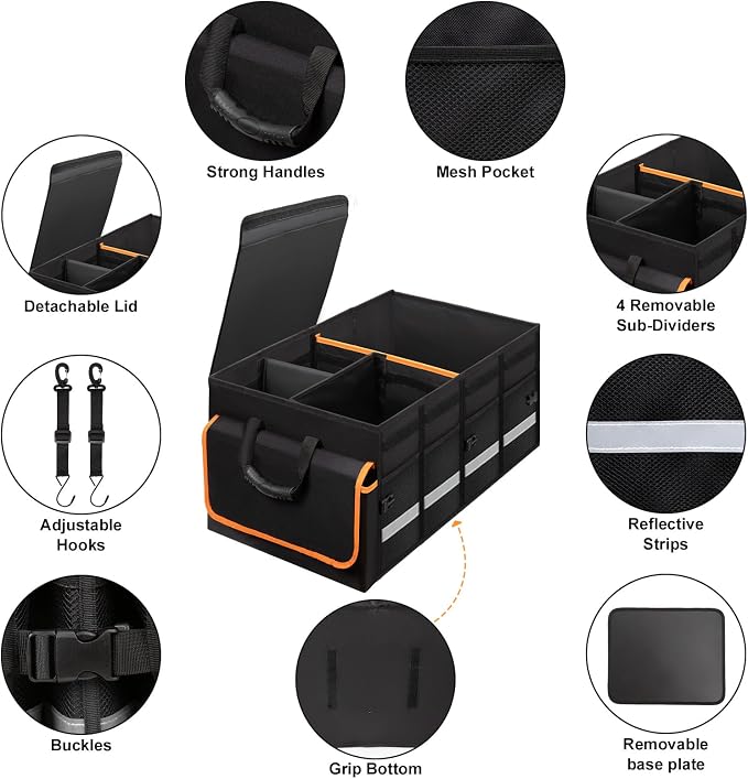 GDNasist Car Trunk Organizer and Storage for Car, SUV & Sedan | Collapsible Trunk Organizers with Lid, Car Accessories for Women Men, 2 Removable Dividers for Custom Space, Interior
