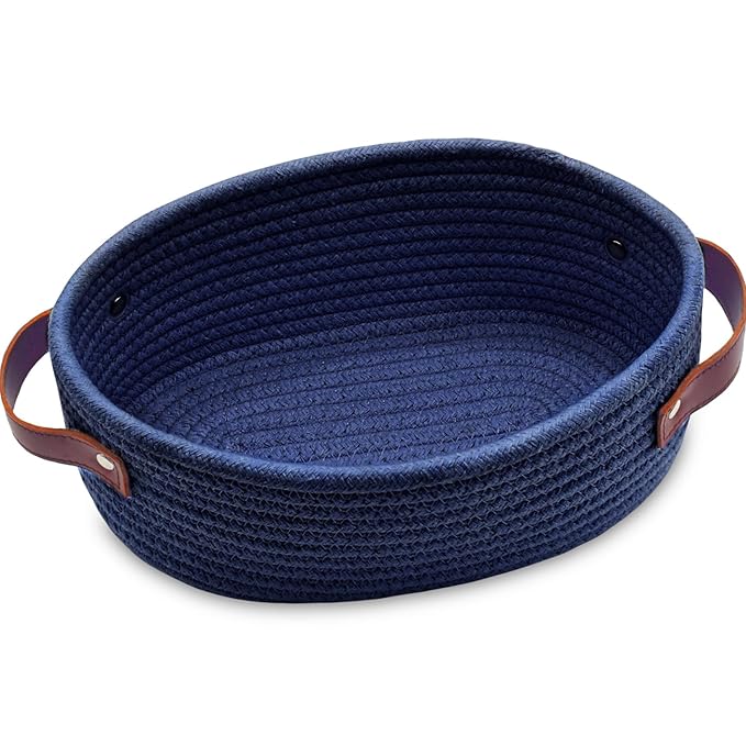 ABenkle Small Woven Basket with Handles, Mini Rope Storage Basket, Tiny Cute Shelf Baskets, Oval Decorative Toys Bin for Nursery, Living Room, Empty Gift Basket, 9.4" x 5.9" x 3.9" - XS