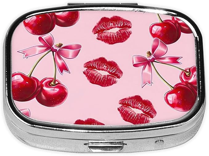 ABLESKY Pill Box, 2 Compartment Pill Organizer Case for Pocket or Purse, Small Portable Metal Travel Medicine Box with Mirror, Daily Vitamins Fish Oil Container-Cherry Pink Bow with Red Lips
