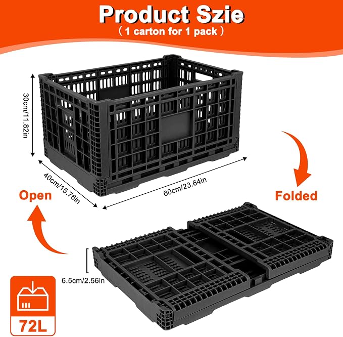 72L Collapsible Milk Crate with Handles, | Large Plastic Crate, Heavy Duty Folding Storage Crates for Home Organizing, Tools, Books, Camping & Transport