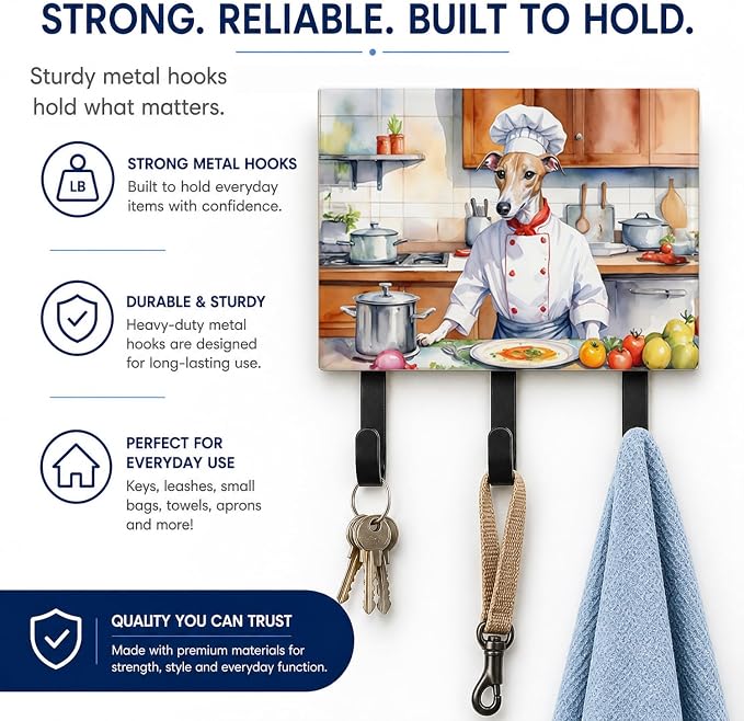 Caroline's Treasures Whippet The Chef Leash or Key Holder Wall Hooks, Key Hooks Holder, Coat Rack Wall Mount, Coat Hooks, Hooks for Hanging Keys, Towels, Aprons, Leashes | Whippet The Chef artwork on ceramic tile with three steel hooks for keys, leashe...