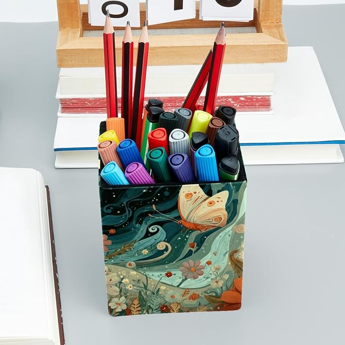 Butterfly Pen Holder for Desk Decor, Rectangular PVC Leather Pencil Cup for Desk Pen Organizer, Makeup Brush Holder for School, Home, Office