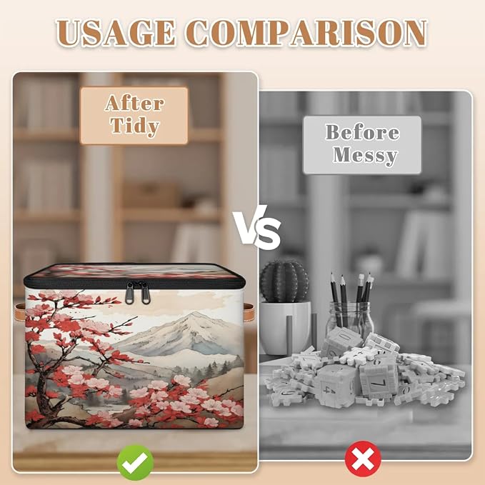 Storage Bins Japanese Cherry Blossoms Storage Basket with Zipper Lid & Handle Foldable Storage Box Storage Cube Bin Clothes Organizer for Closet, Bedroom