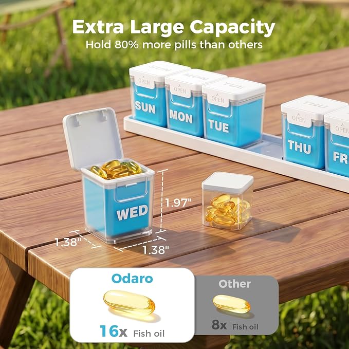 ODARO Extra Large Weekly Pill Organizer Once A Day - Blue | Large Capacity, Big Font, Wide Opening Easy For Seniors, Detachable Portable, Spill Proof, BPA Free