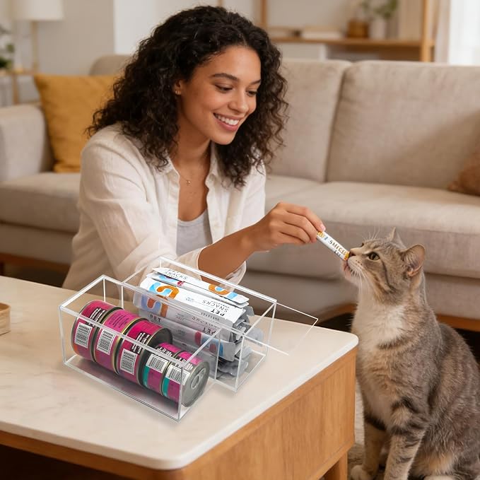 【UPGRADED】 2 Pack Acrylic Cat Treat Container, Openable Lickable Cat Treats Organizer, Dustproof Cat Food Can Organizer, Cat Treats Jar Pet Treat Container for Kitchen Cabinet Pantry Shelf
