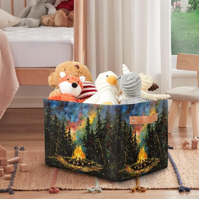 Pardick Storage Baskets Bin, Camping Campfire Collapsible Canvas Fabric Storage Bin Decorative Baskets Toy Organizer Rectangle Storage Boxes with Handles for Home Shelves Nursery,1Pack,A-955