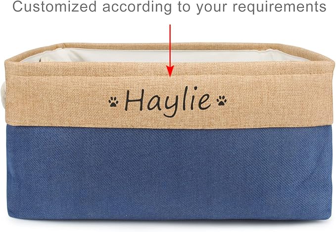 Personalized Dog Toy Box, Dog Toy Basket Storage with Cotton Handle, Customized Name and Paw Heart Print Puppy Toy Bin for Organizing Food Clothes and Pets Accessories(Paw Dark Blue)