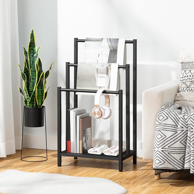 HOOBRO Free Standing Towel Rack, 3 Tier Blanket Rack, Blanket Holder for Bathroom, 16.9" L x 11" W x 31.9" H, Industrial Metal Drying and Display Rack with Shelf, Black BB03LB01