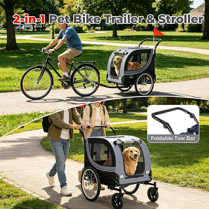 2 in 1 Dog Bike Trailer and Pet Stroller, 100 lbs Capacity Large Dog Bicycle Carrier with Steel Frame and 20" Air Tires & 8" Swivel Front Wheels, Foldable Pet Wagon Cart for Dogs Cats Outdoor Travel