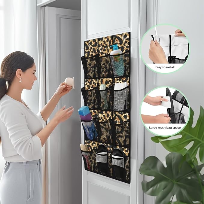 Over the Door Shoe Organizer,Leopard Print Design Hanging Storage Bags with 12 Mesh Large Pockets,Hanging Shoe Storage Waterproof Reusable