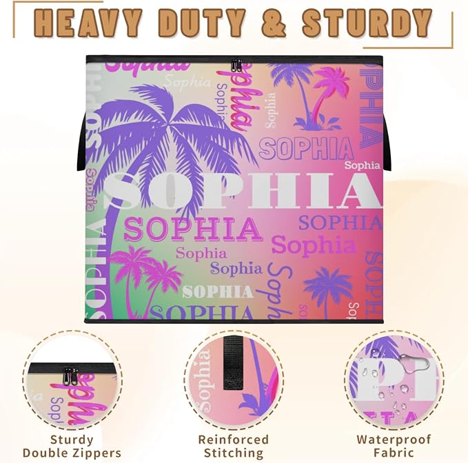 Personalized Storage Bins with Lid, Customized Name Jumbo Storage Basket Rectangle Clothes Organizer for Organizing Shelf Closet, Purple Pink Tropical Palm Trees Gradient Pink Green Background
