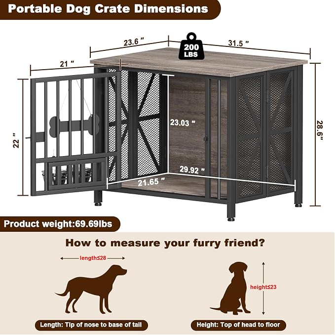 EasyCom Foldable Dog Crate Furniture, 31.5" Dog Crates for Small/Medium Dogs, Wooden Dog Kennel Indoor with Tag & Adjustable Dog Bowls, Dog Cage Use as End Table/TV Stand, Oak Grey | Foldable Dog Crate Furniture, Wooden Dog Kennel Indoor