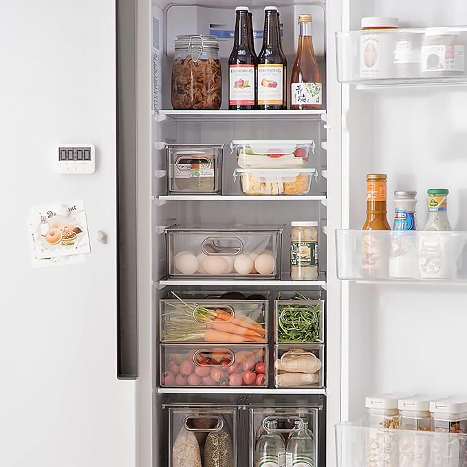 4 pack Stackable Refrigerator Organizer Bins Pull-Out Drawers for Fruit and Veggies Storage Organizer for Fridge Clear Drawer Containers with Handle Divided Organization for Produce Saver