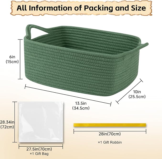 OIAHOMY Woven Basket, Gift Basket Empty with Gift Bags and Ribbons, Rope Baskets for Baby Showers, Storage Baskets with Handles for Nursery, Pet Toy Organizer - Olive Green