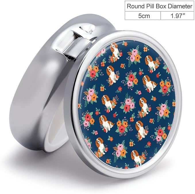 Round Travel Pill Box with Mirror English Springer Spaniel and Retro Floral, 3 Compartment Metal Pill Holder for Purse Fish Oil Supplements