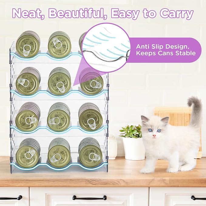 REFLYING Cat Food Can Organizer 4-Tier Holds 72 Cans Acrylic | Clear acrylic 4-tier cat food can organizer,Holds 72 cans 3oz-12.5oz,Stackable pantry storage for multi-cat households