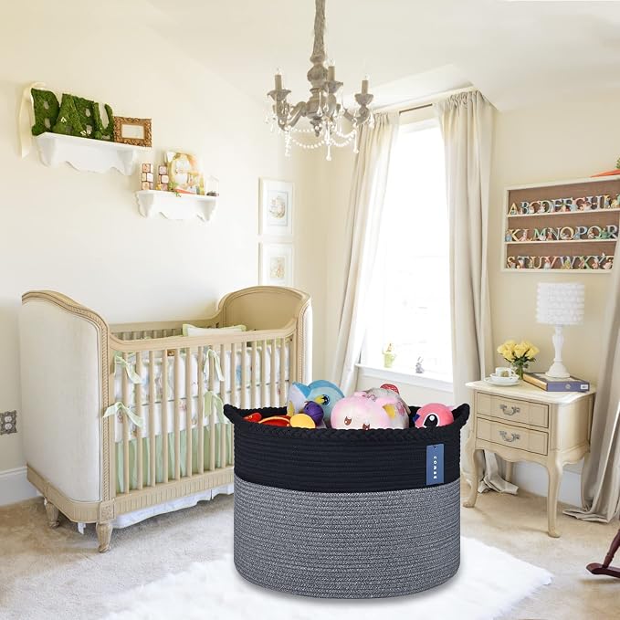 COMSE XXXLarge Woven Blanket & Laundry Basket, 87L, Black & Gray | 21.7" x 13.8", Cotton Rope, Nursery Hamper for Storage of Toys Clothes Towels, Ideal for Living Room Bedroom Bathroom