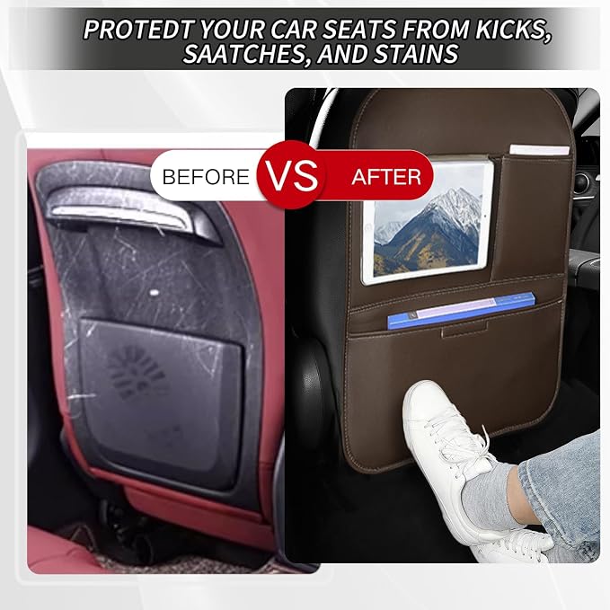 SUTSU Kick Mat Back Seat Protector， Waterproof Leather Car Seat Back Organizers Cover with 3 Storage Pockets for Kids Pets SUV Sedan Minivan Truck Car Travel Accessories (Coffee 2-pack)