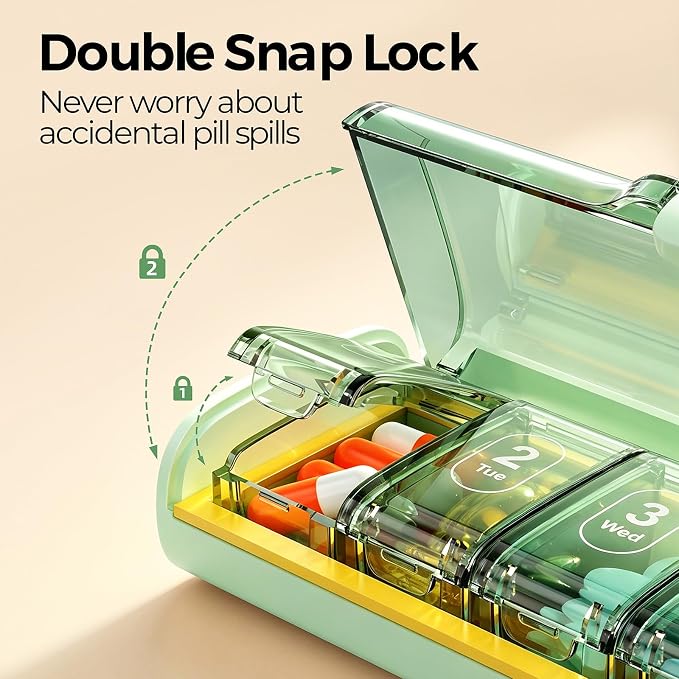 Weekly Pill Organizer,Portable 7 Day Pill Box,Moisture Proof Medicine Pill Organizer,Travel Pill Case with BPA-Free Material,Pocket-Size for Supplements & Vitamins (Green)