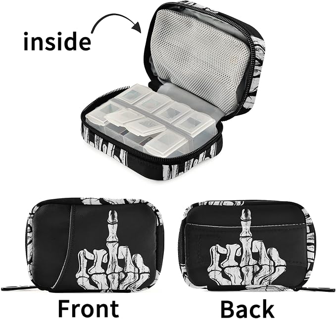 Hand Skull Pill Box 7 Day Pill Case Travel Pill Organizer Bag with Zipper Portable Weekly Case Compact Size for Vitamin Supplement Holder