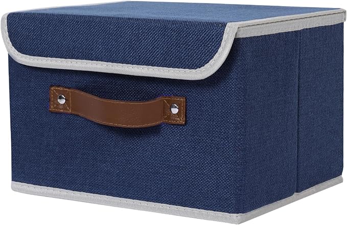 ANMINY Fabric Storage Box Bins with Lids, Blue, 13"x9"x7.9" | Keepsake Memory Storage, Cotton Linen, PP Board Reinforced, Washable, PU Handles, Foldable & Stackable, Decorative, Medium