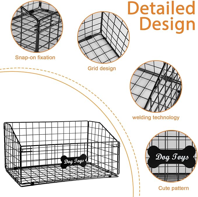 Dog Toy Basket Metal, Chew-Proof Dog Toy Box,Puppy Toy Food Container Bin for Living Room, Black