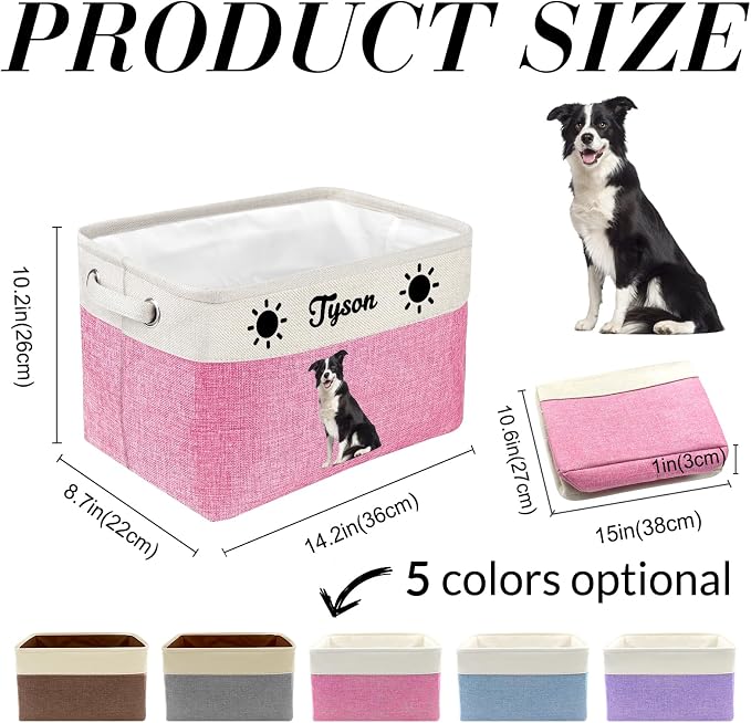 Personalized Dog Toy Storage Basket Custom Pet Storage Bins with Name Photo Collapsible Organizer Box Customized Baby Basket Container for Dolls Toys Coats Clothing Blue