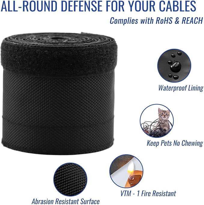 1/2" - 6.6 Ft Dog/Cat Cord Protector, Hook and Loop Cable Sleeve | Cable management sleeve; Reversible, flexible & cuttable; Split wire wrap for TV, USB, audio, computer and automotive; Black