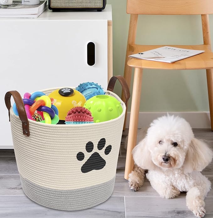 Cotton dog toy basket storage, puppy toy basket, puppy bins, laundry basket blanket storage bin - Perfect for organizing pet toys, blankets, leashes, pee mats and diapers -beige gray