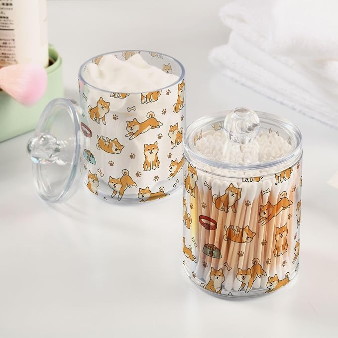 DOMIKING 2 Pack Plastic Cotton Swab Ball Pad Holder Cute Pets Dog White Print Jars Bathroom Storage Organizer Holder Canisters with Lid for Floss Picks Bath Salts Hair Accessories