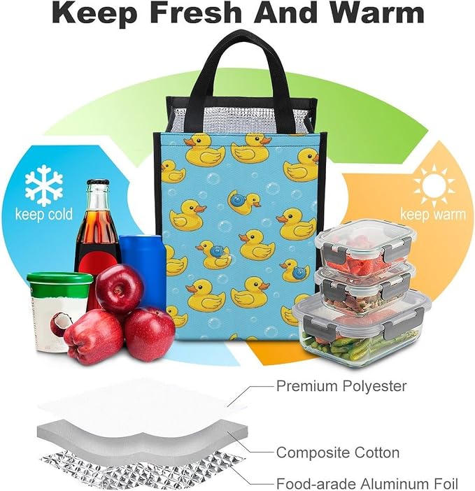 Insulated Lunch Bag Compatible with Cute Funny Blue Bubbles Yellow Rubber Ducks, Reusable Thermal Lunchbox Totes with Pocket Portable Lunch Organizer Cooler Bags