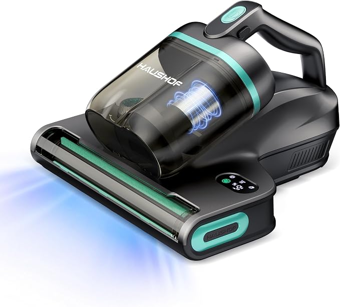 HAUSHOF Mattress Vacuum Cleaner, 15Kpa Bed Vacuum Cleaner | 275nm UV-C Light, 140°F Heat, Aromatherapy, HEPA Filter, Dual Dust Cups, Versatile Handheld Vacuums for Bed, Sofa, Couch