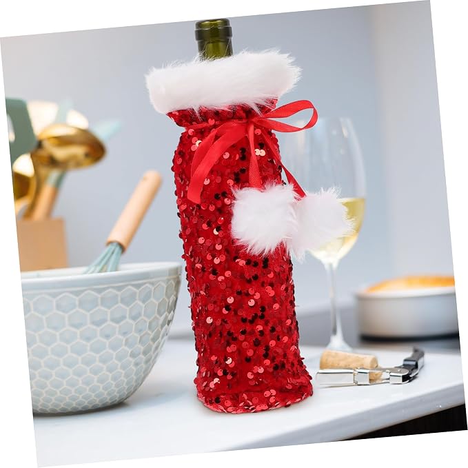 Didiseaon Red Wine Bottle Cover Lovely Pattern with Drawstring Soft Pet Material Wine Bottle Bag Christmas Plush for Holiday Decoration in Coffee Shops and Restaurants