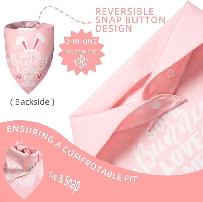 Easter 2-in-1 Dog Bandana with Egg-Stra Cute & Some Bunny Love Me Lovely Saying, Pink Pet Holiday Costumes Scarf with Snap Button, Small to Medium Breeds (5-30lbs)