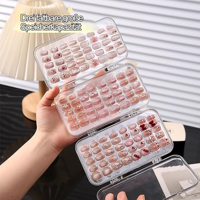 Inmorven Press On Nail Storage Box, Tri-Fold Transparent PET Nail Organizer Case with 30pcs Double-Sided Adhesive Tape, Portable 3-Layer Fake Nails Display Holder for Travel & Home