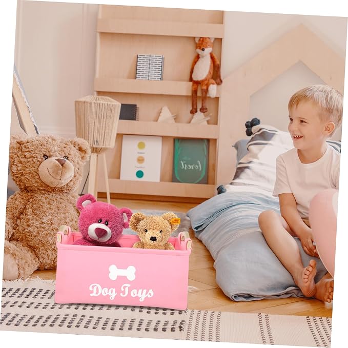 INOOMP Pink Felt Pet Organizer Basket with Wooden Handle Large Dog Storage Bin for Home and Utility Lightweight and Portable Container for Pet Accessories