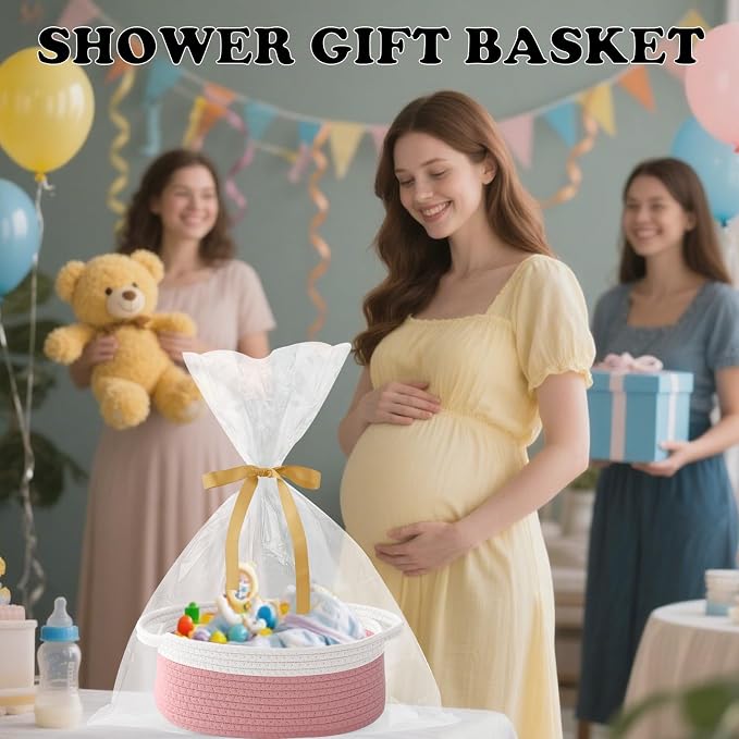 Woven Rope Basket - Baby Gift Basket with Bag & Ribbon, White&Pink | Cotton rope with handle, 12 x 8 x 5 in, gift bag and ribbon, for baby shower, birthday, toy storage, nursery, shelf decor