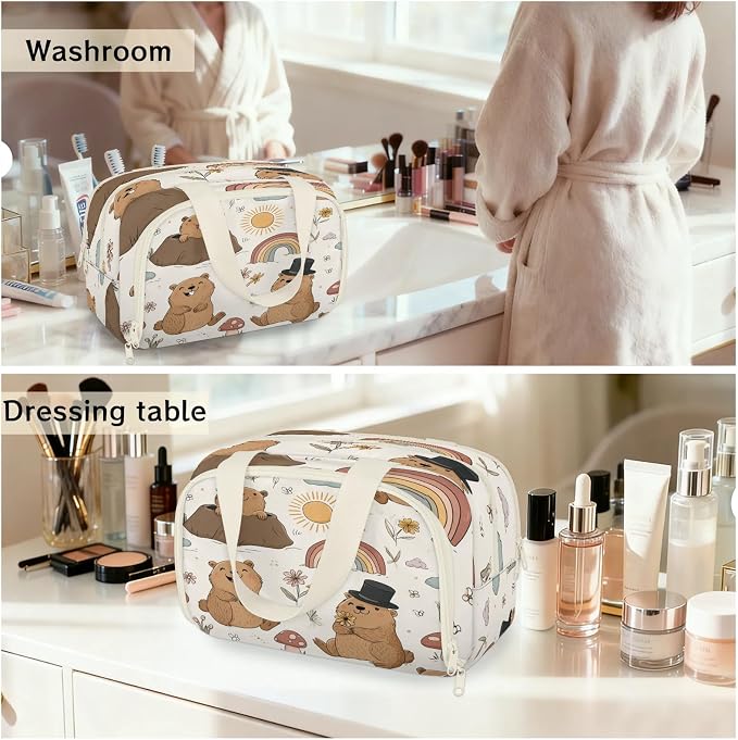 Cute Groundhog Travel Toiletry Bag for Women | Spring Floral Lightweight Waterproof Makeup Cosmetic Bag Large Tote Organizer for Traveling, Toiletries, Accessories