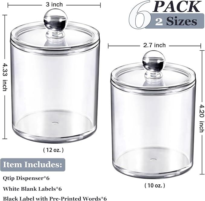 SheeChung 6 Pack Acrylic Qtip Holder with Labels, Qtip Jars for Bathroom | (3) 10oz & (3) 12oz Qtip Holder Set Shatterproof Bathroom Vanity Organizer for Cotton Swabs, Balls, Pads - Minimalist Decor
