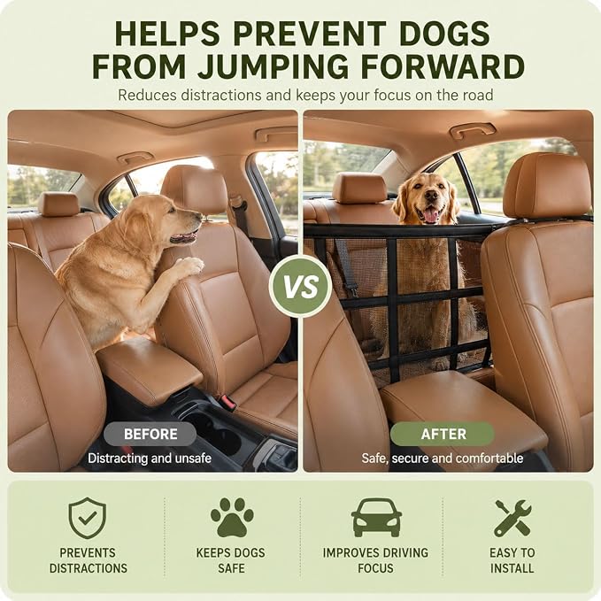 Dog Car Barrier for VW Caddy 2003-2020, Dog Barrier Adjustable Mesh Divider with Zipper Backseat Pet Net Breathable Safety Partition for Travel