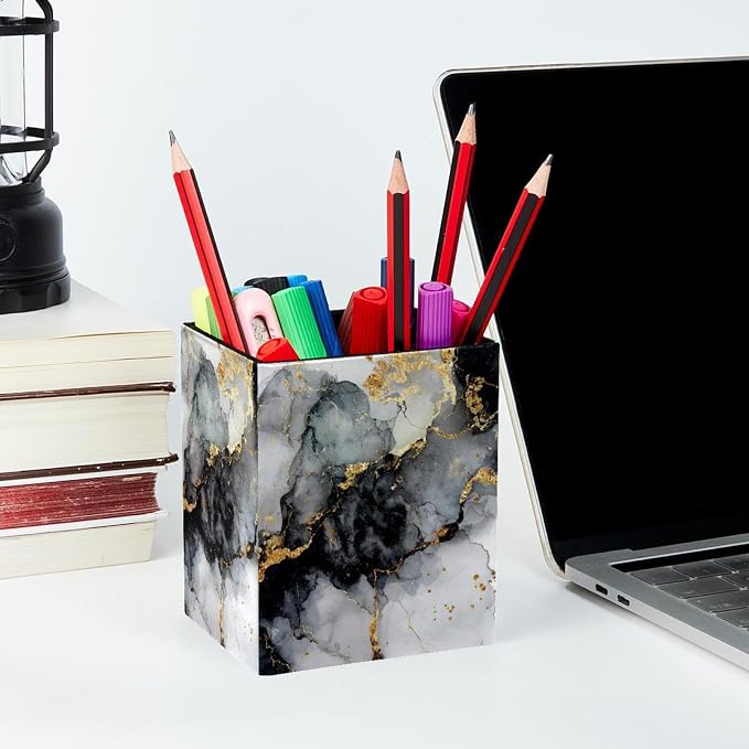 Marble Texture Pen Holder for Desk Decor, Rectangular PVC Leather Pencil Cup for Desk Pen Organizer, Makeup Brush Holder for School, Home, Office