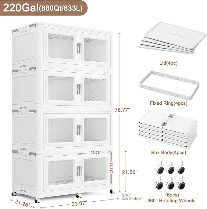 BROVIEW 880 Qt Extra Large Stackable Storage Bin with Lids, 4 Pack White | 220Gal Extra Large, Collapsible Storage Boxes with 4 Lids, Folding& Rolling Plastic Drawer, Heavy-Duty Cabinet Organization
