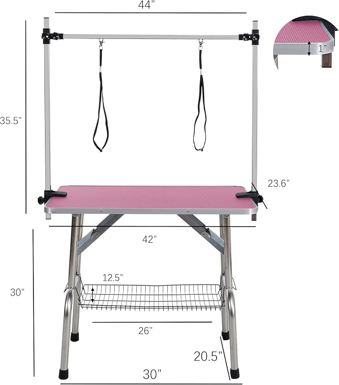 42" Pet Dog Grooming Table, Foldable Stainless Steel Frame Pet Drying Grooming Table Up to 330lbs, Professional Bathing Desk for Dogs at Home with Adjustable Overhead Arms, Noose, Mesh Tray, Pink