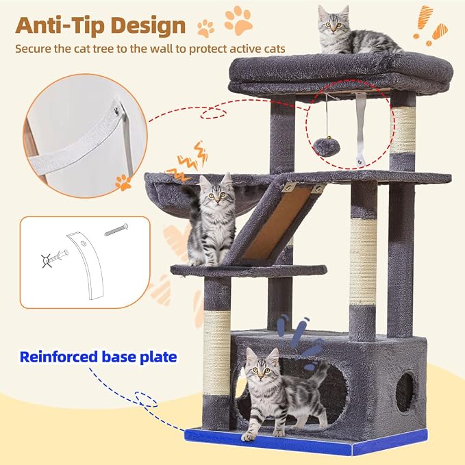 Taoqimiao Cat Tree, 38.5In Cat Tower for Indoor Cats, Suitable for Kittens | Thick Padded Top Perch, Luxurious Cat Condo, Adjustable Basket, 1-Piece Ramp Scratcher, 3 Sisal Posts, Smoky Gray, MS029SG