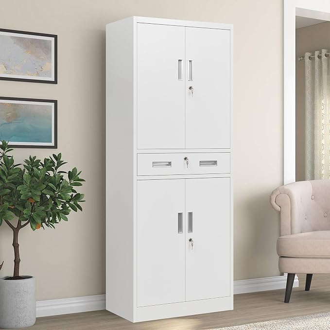 CJF 71" H Tall Metal Storage Cabinet with Drawer, Locking Garage Cabinet with 2 Adjustable Shelves, Heavy-Duty Tool File Storage Cabinets for Home Office, Kitchen, Warehouse, Shop (White)