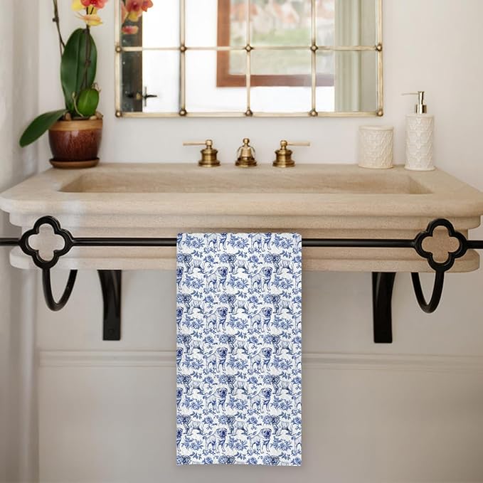 Chicimln Chinoiserie English Bulldog Kitchen Towels, English Bulldog Gifts Decorative Hand Towels for Bathroom, Blue and White Dog Dish Tea Towel Drying Cloth for Kitchen Decor, 16x24 Inch