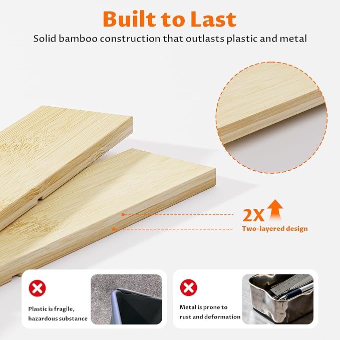Bamboo Drawer Organizer with 9 Adjustable Compartments, Desk Storage Tray | Natural Bamboo, Flexible Modular Trays, Water-Resistant, Adjustable, Excellent Organization, Easy to Clean, Non-Slip Design