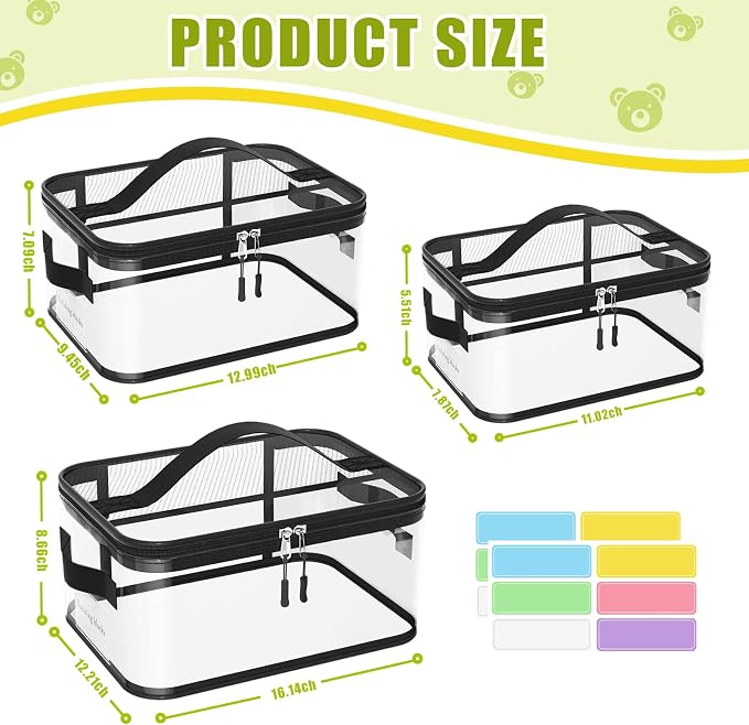 8 Pcs Large Clear Toy Storage Bags with Labels, Handles, Zippers, L+XL+XXL | Large Capacity, Transparent PVC, Waterproof Dustproof, Space-saving, Portability for Building Blocks, Puzzle, Dolls, Travel