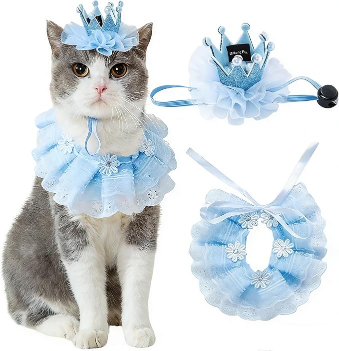 Cat Princess Costumes Cat Crown Hat & Lace Bandana Scarf Set, Puppy Party Hat for Small Dogs & Cats, Lace Outfit for Cats and Small Dogs Birthday Party (Blue)